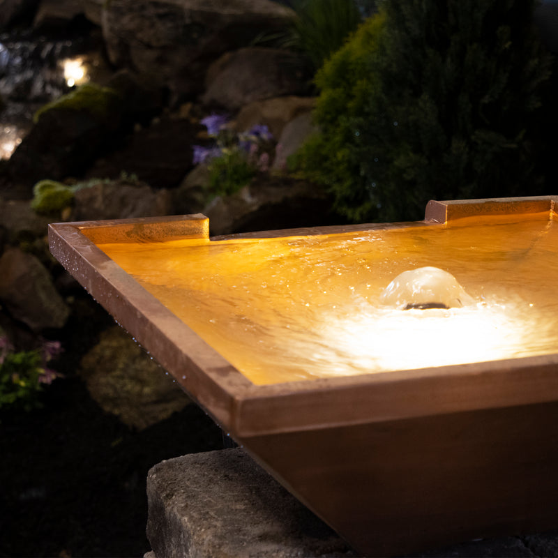 26" Square Copper Bowl, 12" Spillway in use at night