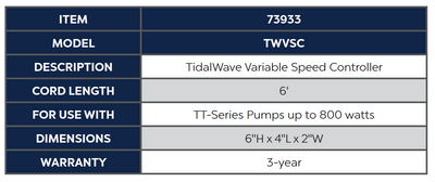 TidalWave Variable Speed Controller Product Specs Chart